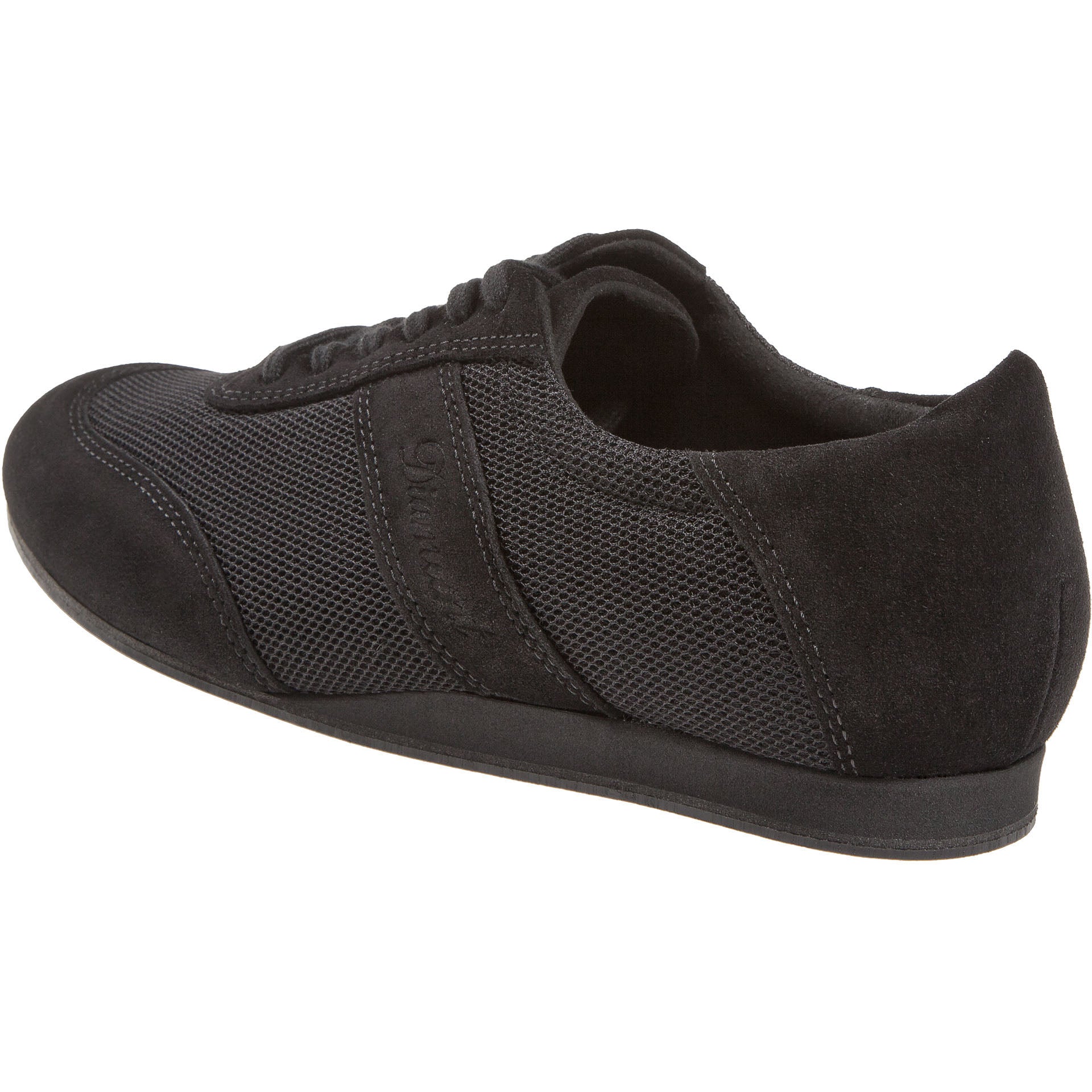 Seitenansicht des Diamant 192 Tanzsneakers in Schwarz mit Mesh und Velourleder auf schlichtem weißem Hintergrund.